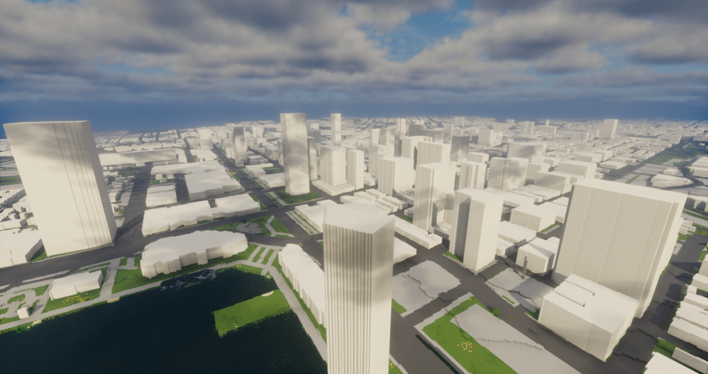 1:1 scale map of Baltimore City with real building heights, road networks, sideways, parks and more, using OpenStreetMap data