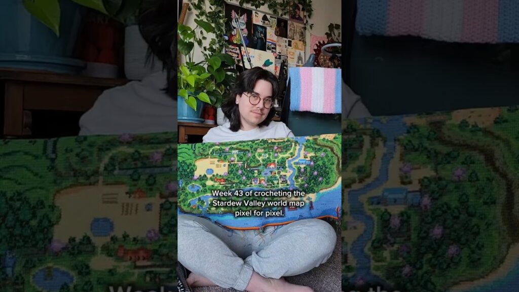 Week 43 of crocheting the Stardew Valley world map pixel for pixel.