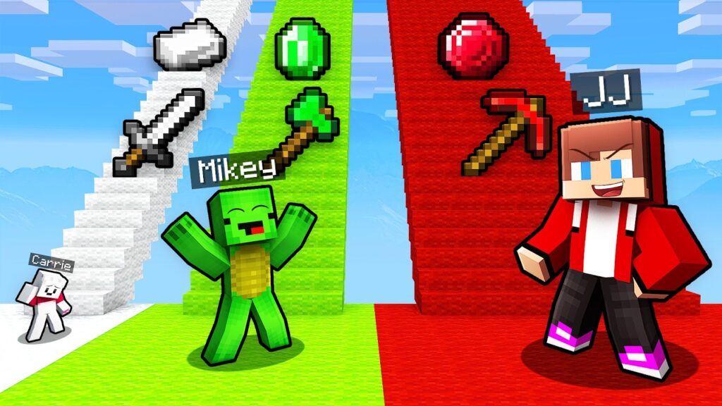 Mikey and JJ and Carrie TINY vs GIANT Stairs Challenge - Minecraft (Maizen)
