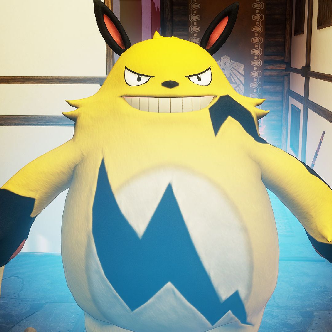 Palworld - Grizzbolt, a yellow, cat-like pal that looks like the Pokemon Electabuzz.