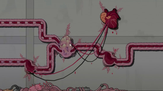 biofactory-like-warhammer-40k-factorio A collection of strange digestive organs, peristaltic tubes, and a heart, shown in a side-on cutaway, in the videogame Biofactory - aesthetically similar to Warhammer 40k Tyranids
