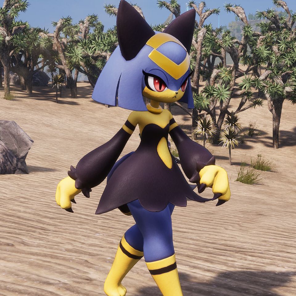 Palworld - Sekhmet, an anthropomorphic fox with a black dress, blue hair, and yellow boots