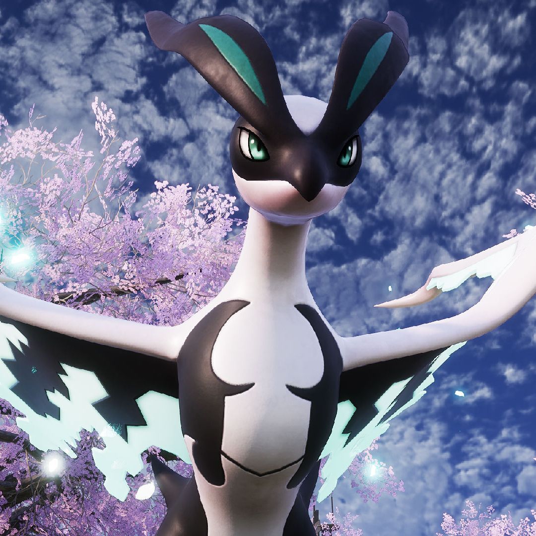 Palworld - Eidrolon, a black, blue, and white dragon pal.