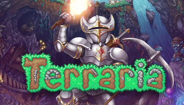 Official Terraria cave artwork showing an equipped adventurer preparing to mine resources and explore underground biomes