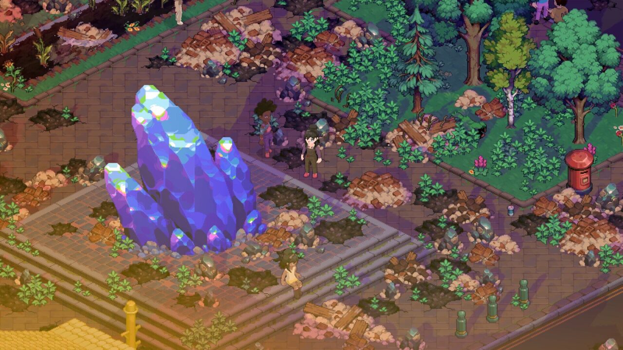 A giant Moonfrost meteor crystal in the middle of a ruined village square