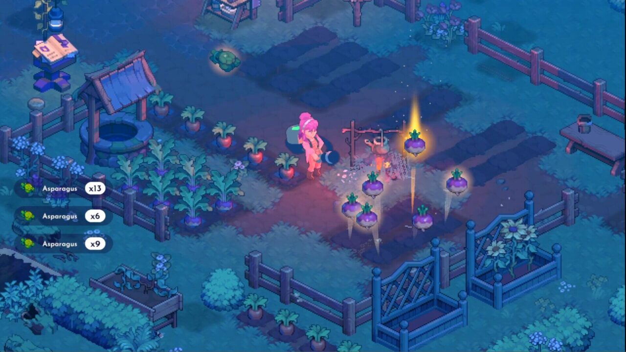 Harvesting crops on a farm at night in Moonfrost