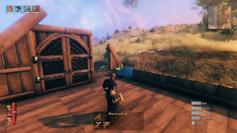 A Valheim character building a house.