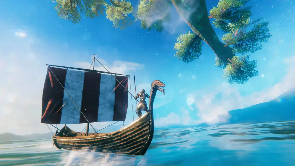 A player standing on a boat at sea in Valheim.