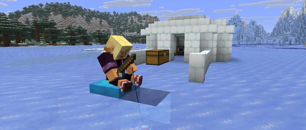 Kai is ice fishing, sitting on a light blue cushion in front of an igloo made of snow bricks.