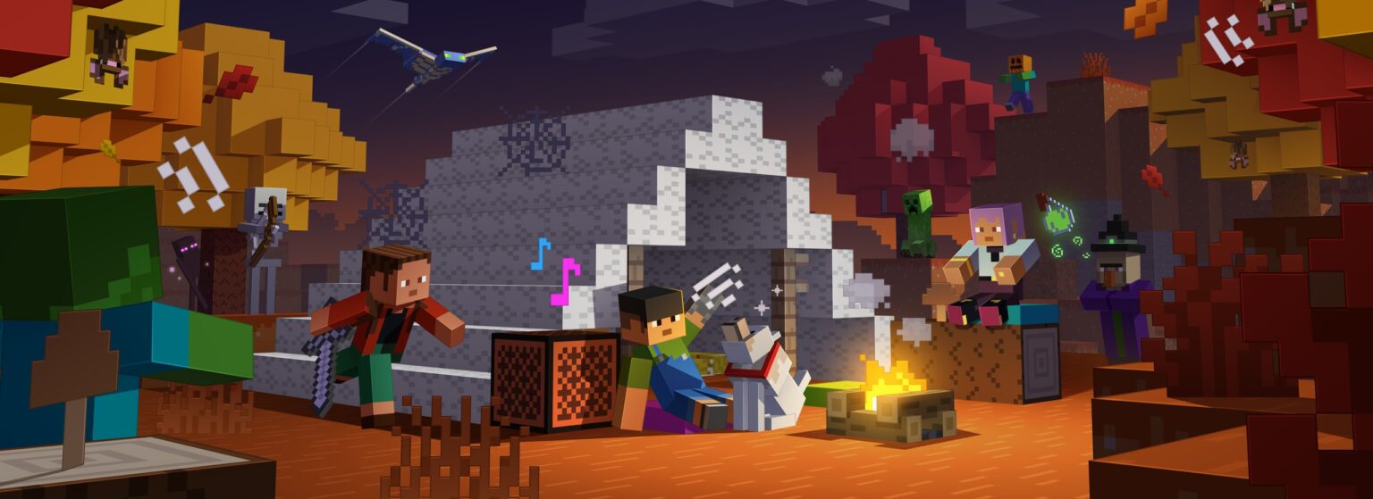 Fall Drop Free Sound Effect Pack Minecraft players gather around a campfire in an autumn forest at dusk while spooky mobs lurk nearby, for the Wilderness Bound: Haunts & Harvests sound effect pack.