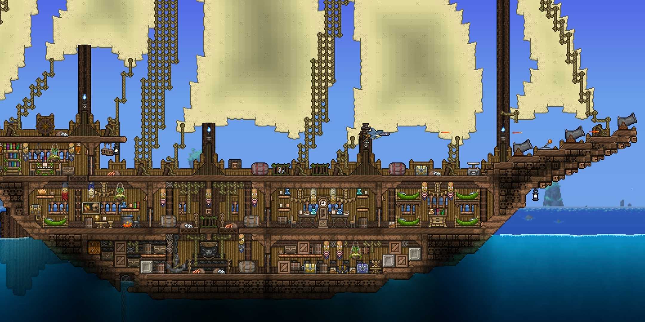 A ship in Terraria, with many modded items on board.