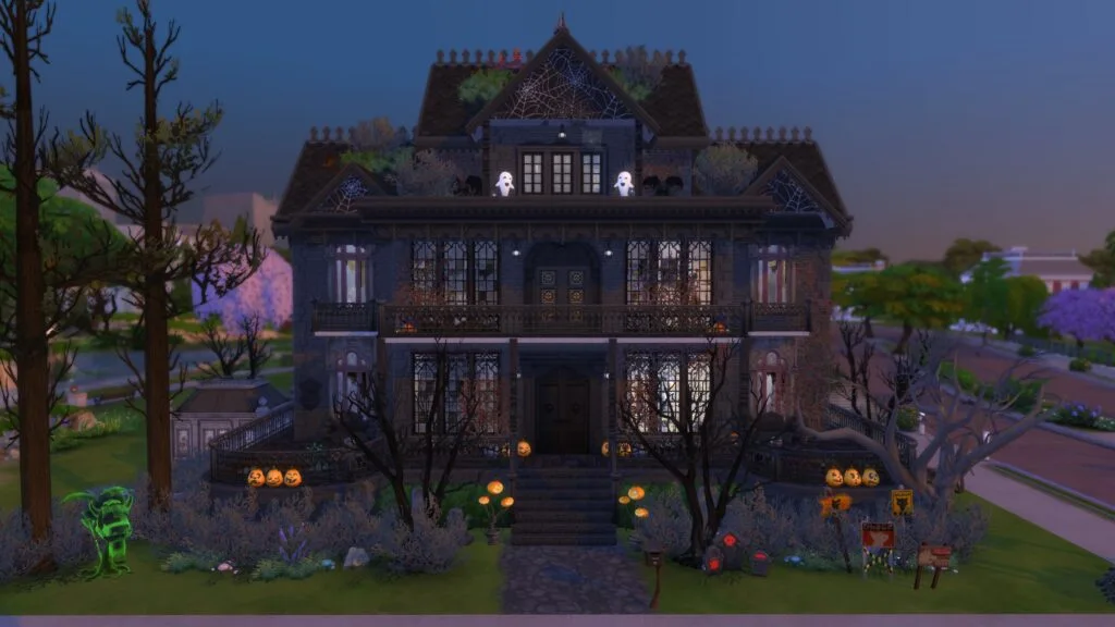 Gothic Halloween mansion with pumpkins, ghosts, and spiderwebs.