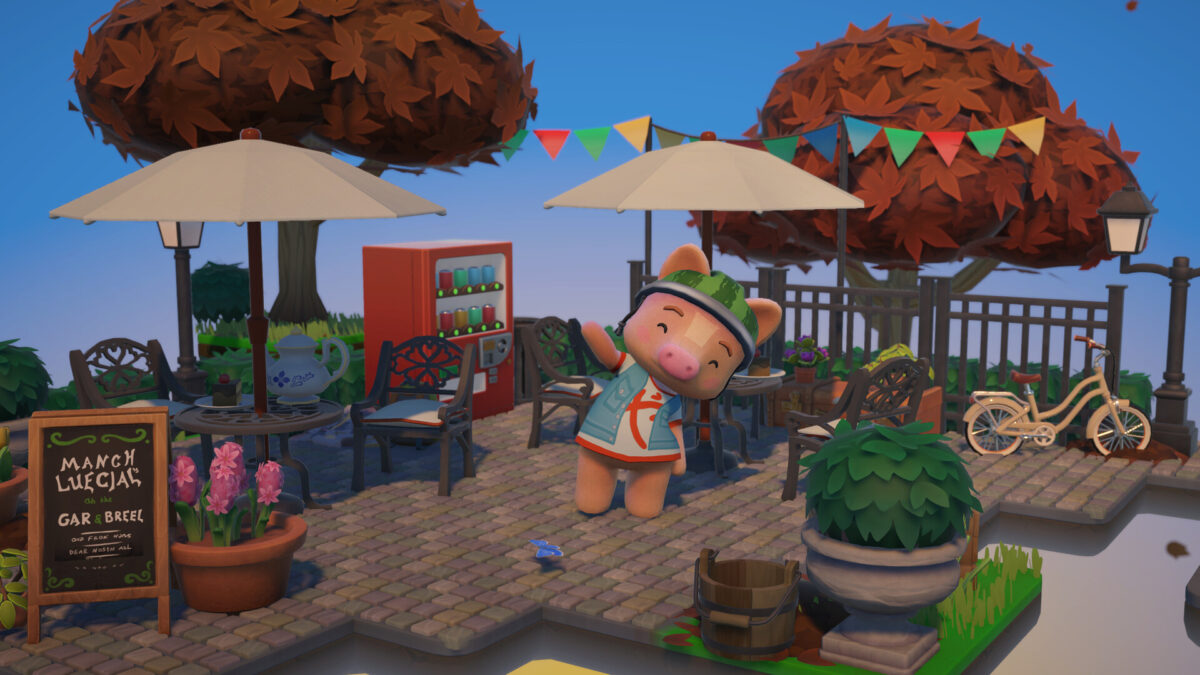 A pig resident waves in an autumn cafe terrace with cobbles and parasols in Hokko Spaces