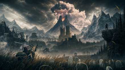 Mashup of Elden Ring, The Elder Scrolls 5 Skyrim, and the Legend of Zelda Ocarina of Time remake Death Mountain