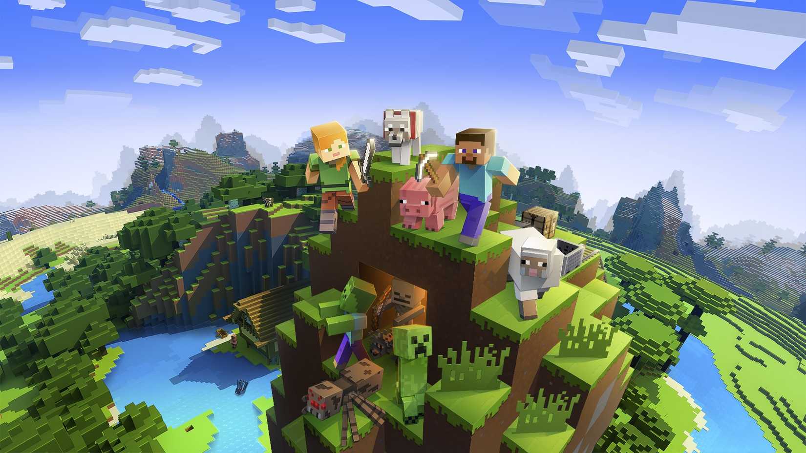 Minecraft characters and mobs standing on top of a steep hill.
