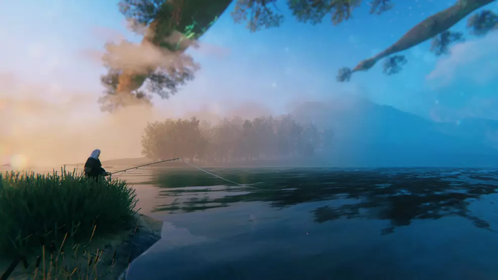 A Valheim character fishing in the ocean.