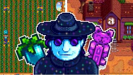Thumbnail for the Stardew Valley Challenge Runs article, with Mr. Qi, Ancient Fruit, the Community Center, and the Statue of Endless Perfection.