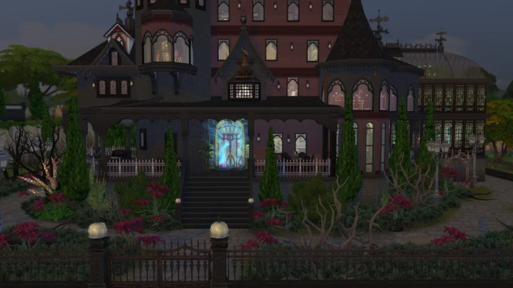 Expansive Gothic Victorian estate with landscaped gardens.